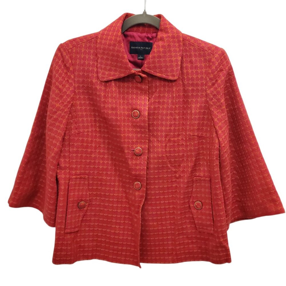 Banana Republic Women's Magenta Orange Diamond Print 3/4 Sleeve Button Jacket S